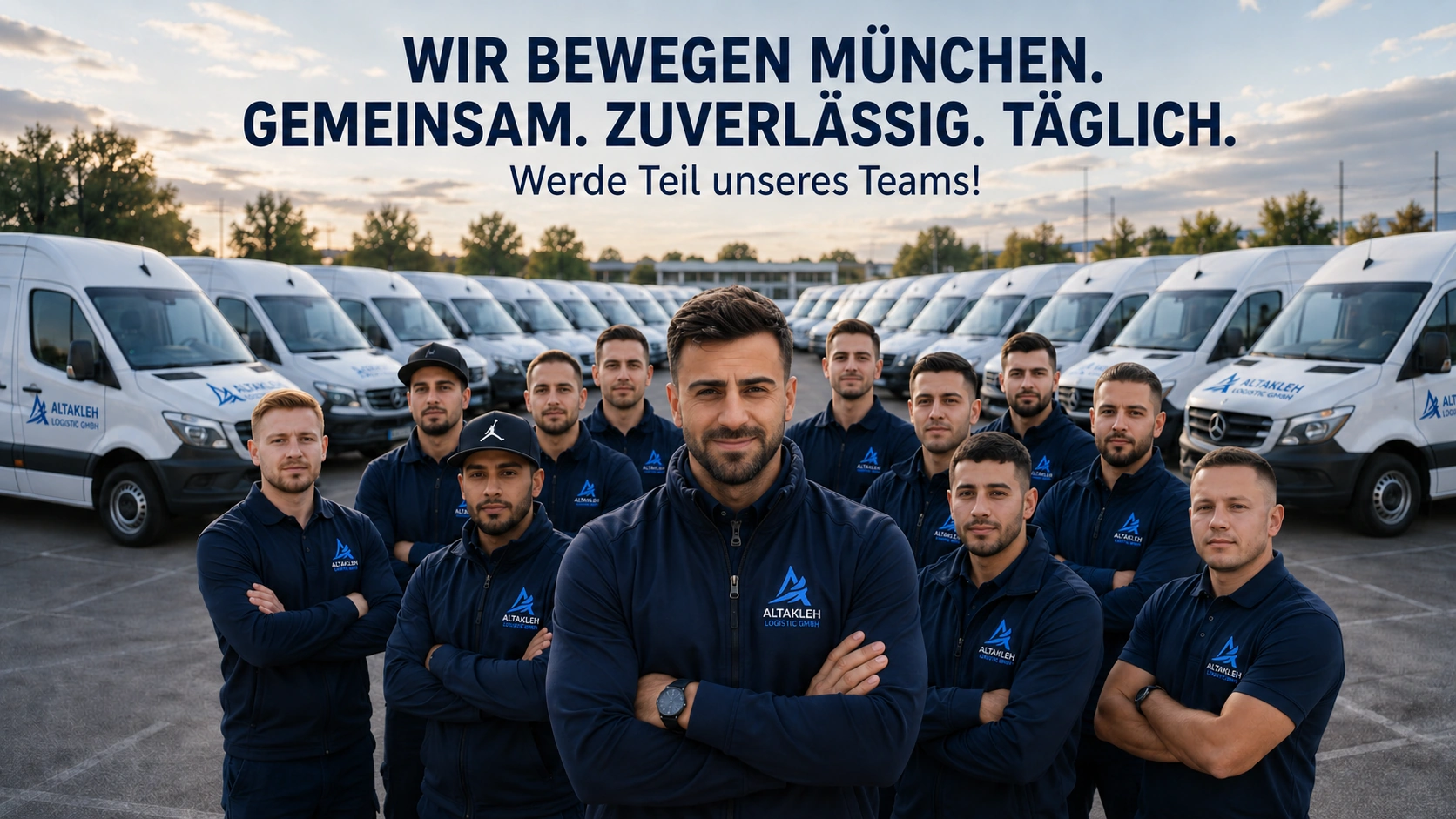 Freundlicher Kurierfahrer in professioneller Arbeitskleidung vor weißen Lieferfahrzeugen